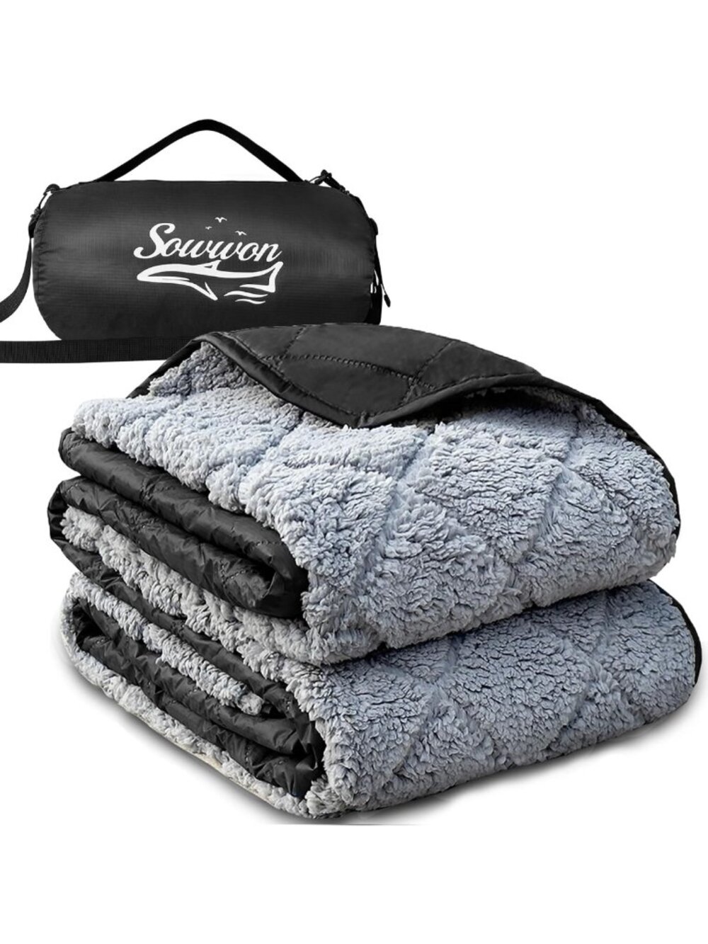 Large Waterproof Outdoor Blanket 92"x60" - Cozy Sherpa Fleece, 300GSM, Black
